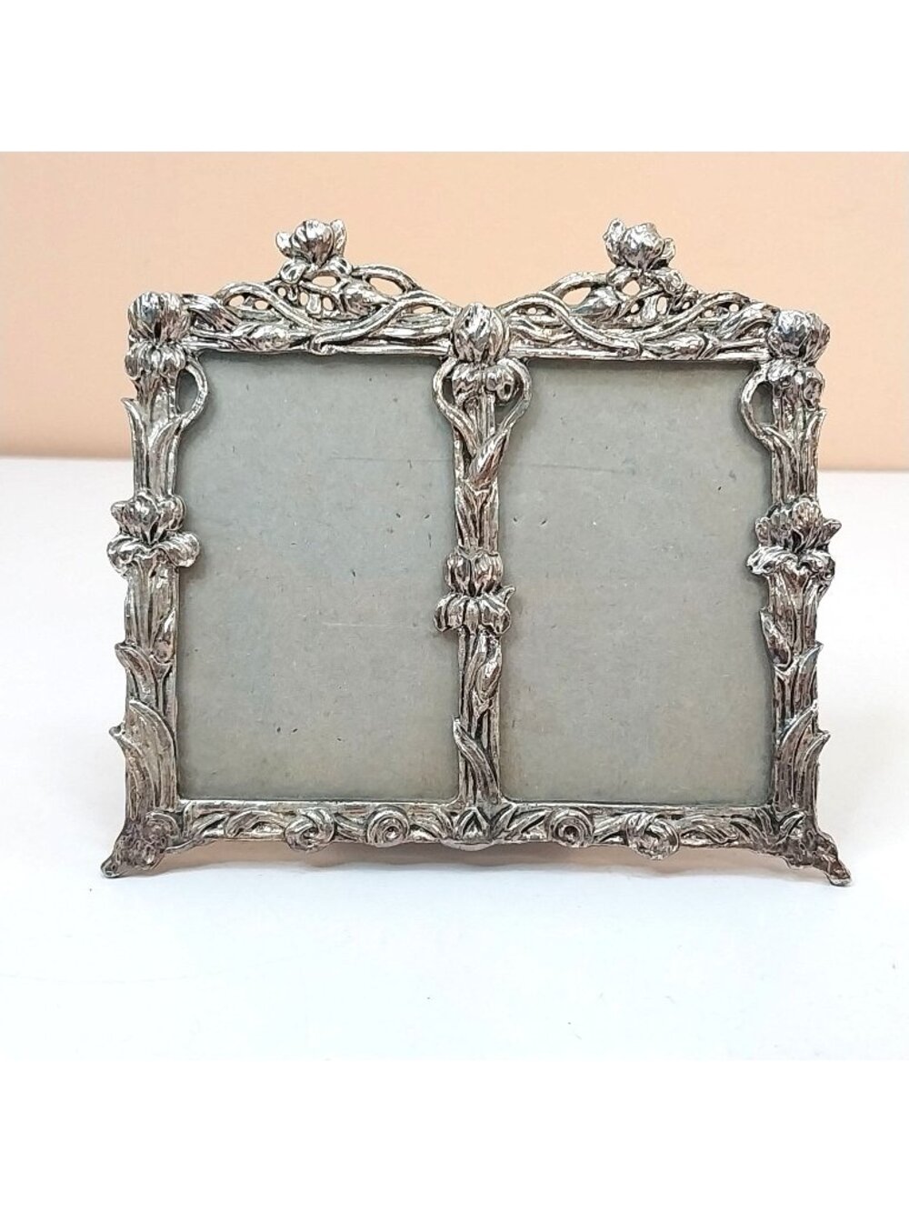 Vintage Pewter Double Picture Frame Ornate Floral Art Nouveau Fits 2" x 3"